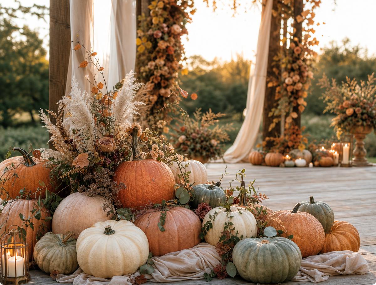 A romantic autumn wedding display with natural heirloom pumpkins